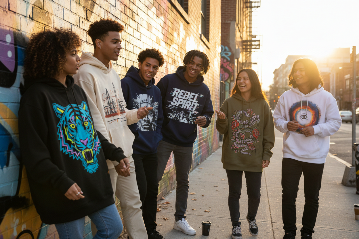 should have some cool print on the hoodies